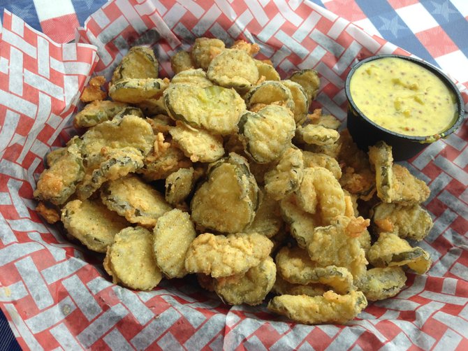 Fried pickles with mustard dipping sauce at Lil' Piggy's Bar-B-Q in Coronado