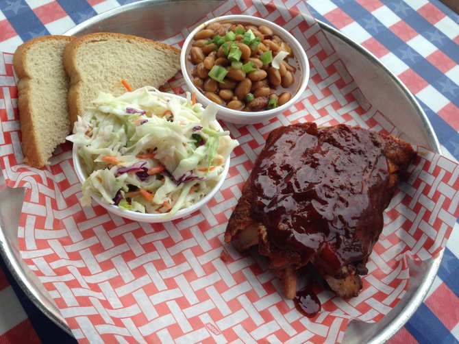 Baby back ribs, beans, and cole slaw at Lil' Piggy's Bar-B-Q in Coronado