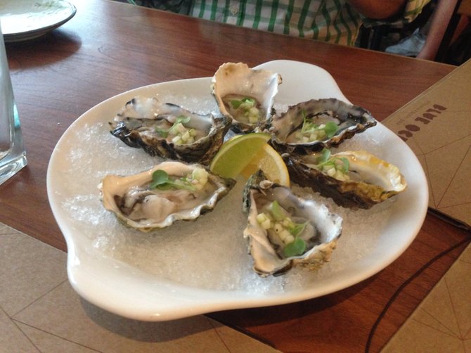 Chilled oysters with a green apple-wasabi mignonette at Blue Ocean Robata and Sushi Bar