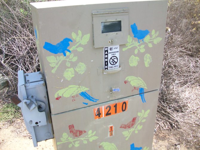 Wild green parrots stenciled onto this utility box art on Valeta Street in Point Loma.