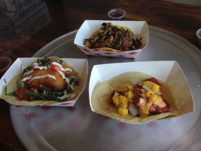 Looking back, I coulda handled four. Clockwise from the top: Borrego, Mahi al Adobo and Chile Relleno tacos. City Taco.