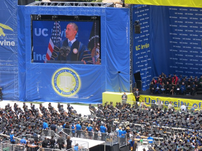 President Obama speaks in front of UCI graduates and their families at Anaheim Angels Stadium.