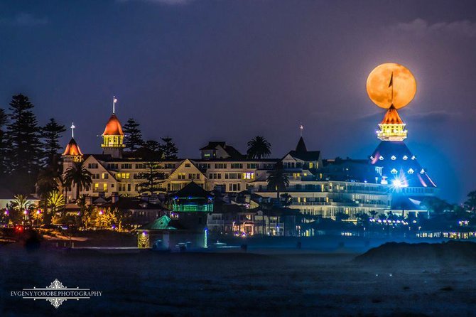 Full Honey Moon rising over the Hotel Del Coronado last night, on Friday the 13th. By Evgeny Yorobe Photography.