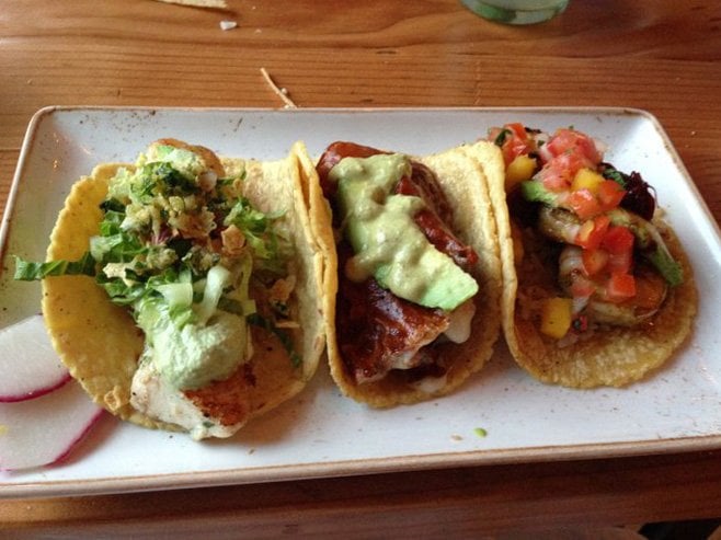 From left: Mahi Mahi Taco, Filet Mignon Taco, Grilled Shrimp Taco (at Puesto La Jolla)
