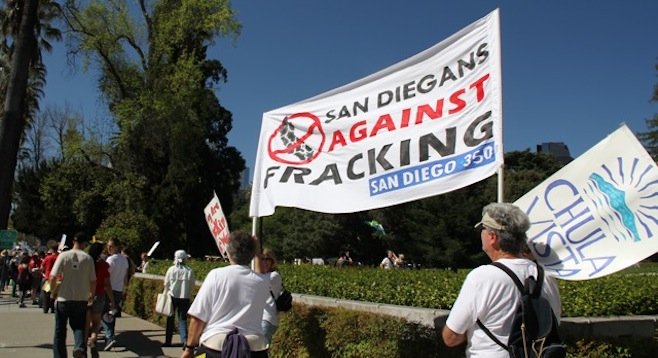 Members of SanDiego350 marched on Sacramento recently to protest the hydraulic fracturing method of natural-gas production; so far this year, reports CNN, Oklahoma has had more earthquakes than California. - Image by SanDiego350.org