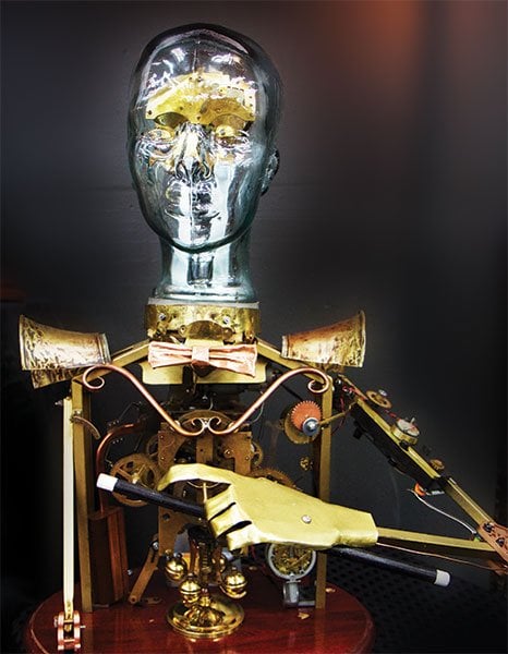 “Makers” and their creations are part of the steampunk aesthetic. This hand-built mechanical man features moving arms and head. 