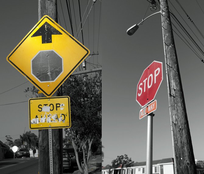 Maybe it was a weather phenomenon but when I shot these two photos in North Park on June 24, only the traffic signs were in color!  Very strange.  ;-)