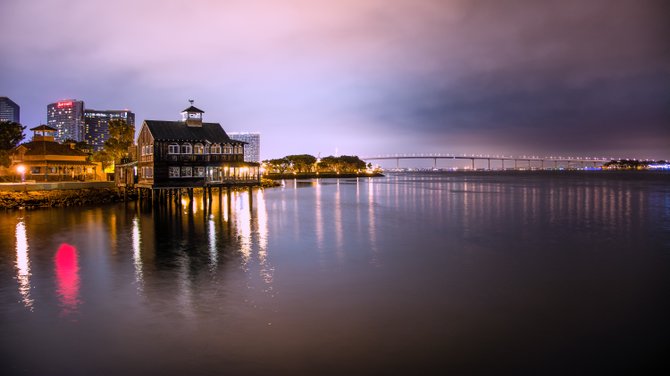 A beautiful calm night at Seaport Village with the beauty of Coronado Bridge in the distance. 

Taken by Joshua Kelsey 