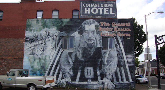 A Buster of a mural commemorating The General adorns the wall of the Cottage Grove Hotel.