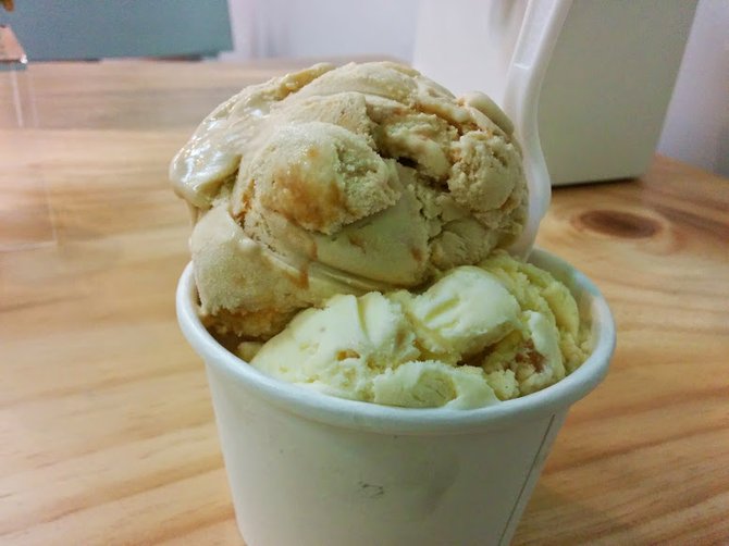 A double scoop (in this case salted caramel and macadamia nut) is more than enough