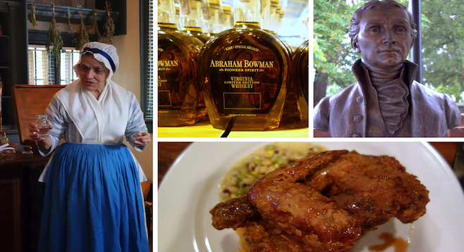Clockwise from left: tour at Hugh Mercer Apothecary, bottles at A. Smith Bowman Distillery, bust of President James Monroe at the James Monroe Museum, fried chicken at FOODE.