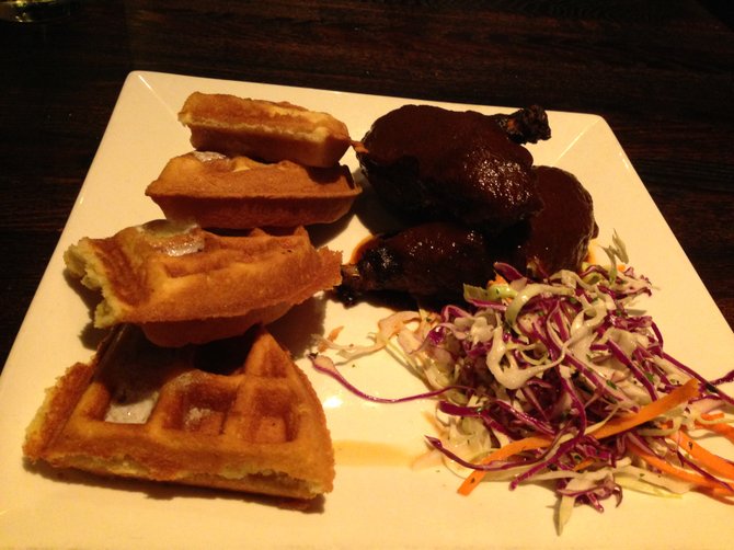 The BBQ Chicken and Waffles at Saltbox: cornbread waffles, BBQ chicken, and cabbage slaw