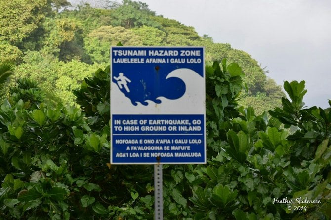 Tsunami warning sign. 
American Samoa