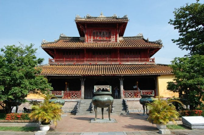 A gigantic urn and a pagoda inside Vietnam's equivalent to Beijing's Forbidden City, the Citadel at Huế.