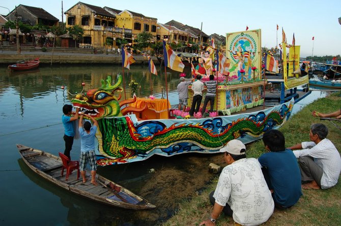 A boat is decorated with dragon motifs to celebrate Buddha's birthday in Hội An, once a major trading port.