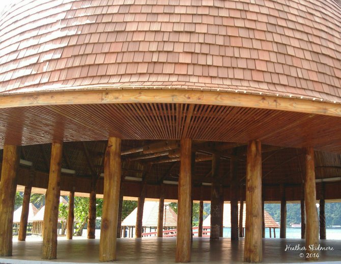 Beautiful wood carvings on a fale in downtown Pago Pago, American Samoa