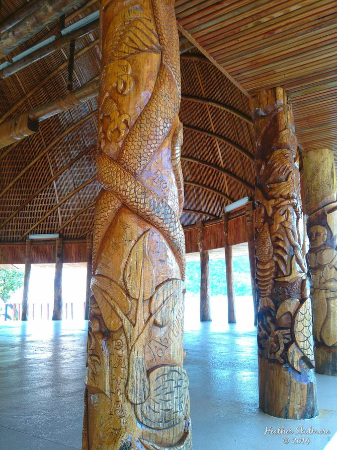 Beautiful wood carvings on a fale in downtown Pago Pago, American Samoa