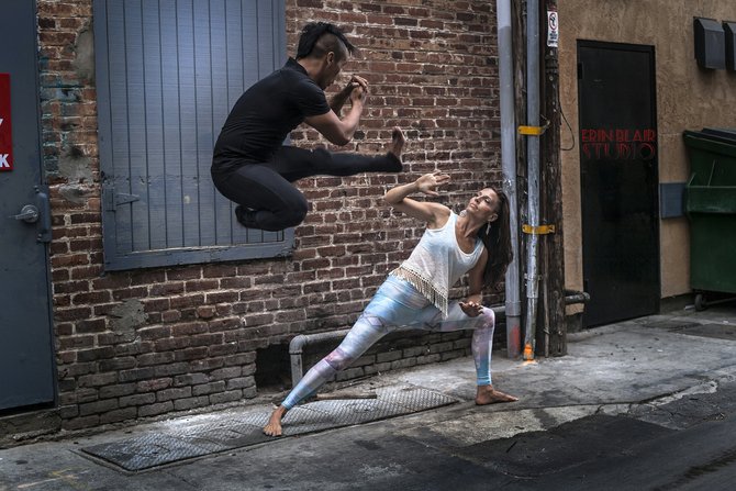 Stopping Time.
Hillcrest Alley, July 20, 2014. 
Pictured: San Diego Yoga teachers Kelli Russell and Charles Torres.