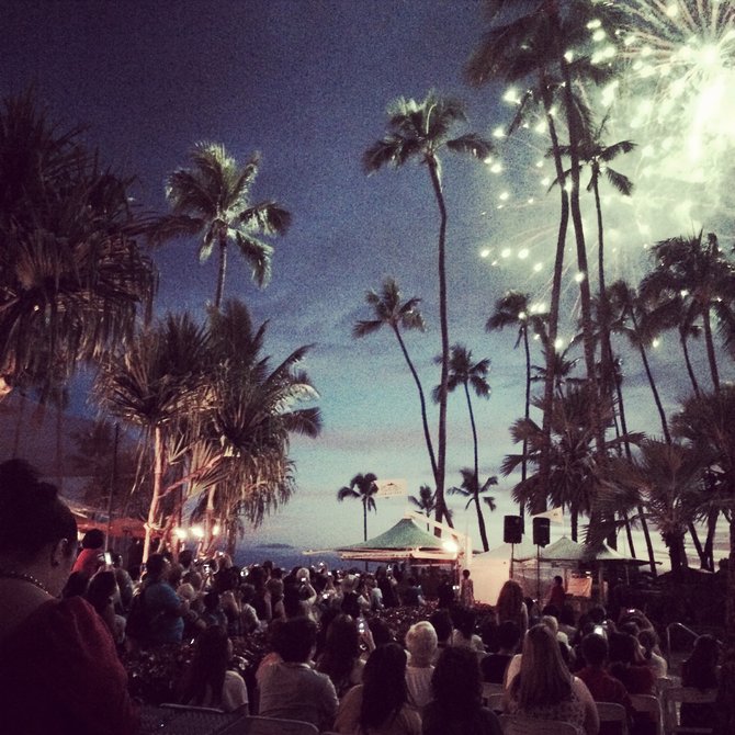 Fireworks by Waikiki beach in Hawaii