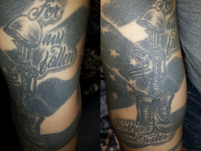 Hi, my name is Briana and I am 24 yrs old and live here in San Diego.  While I was in the Army for 6 years I got this tattoo for my fallen brothers and sisters in arms, after I came back home from Afghanistan.  I got this tattoo in San Bernardino, CA at Pirate City tattoo. I got this tattoo to show support for my fallen brothers in sisters in arms. They may be gone but never forgotten. 