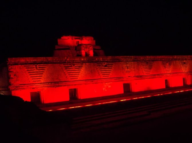 Uxmal Nunnery lit up during the Light and Sound Show. 