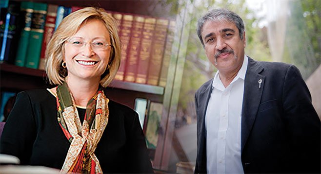 UCSD administrators Sandra Brown and Pradeep Khosla seek expert help in the gentle art of schmoozing.
