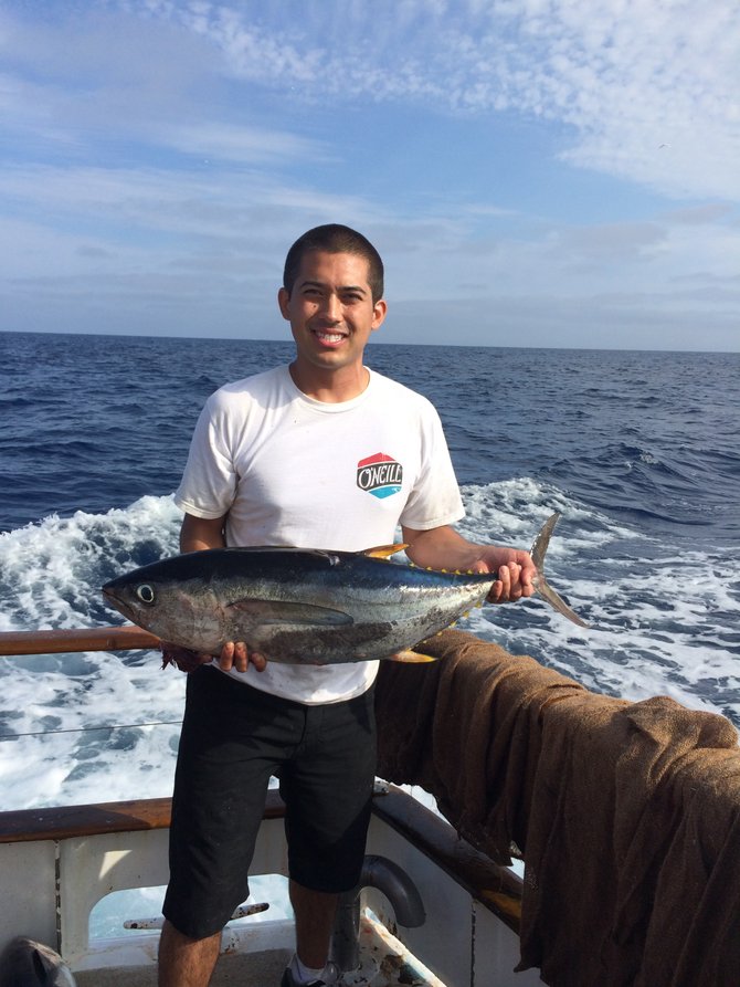 First time fishing and I caught a yellowfin tuna.  Caught it on August 2, off Baja California, on a 3/4 day trip out of San Diego with Seaforth Sportfishing.  Caught using sardines and took about 10 minutes to bring in.