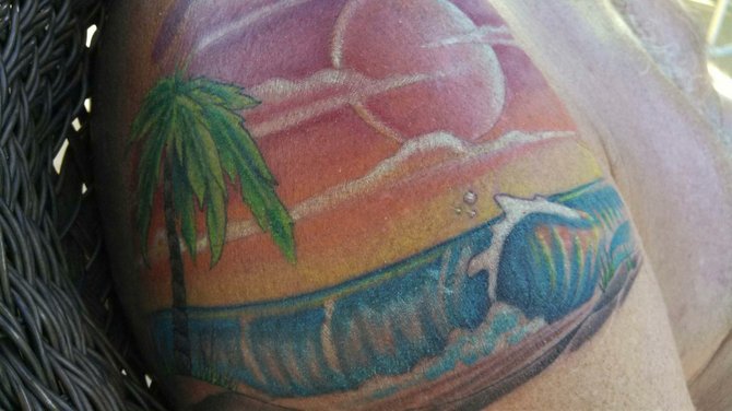 I live in San Marcos, I'm 64 and retired. I love watching sunsets at the beach. I feel that this is the sunset of my life. I got the tattoo done at Good Neighbor in Escondido, by Gordo.