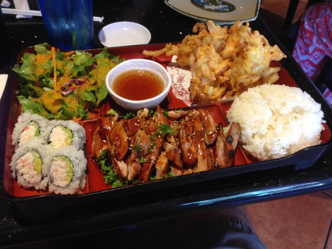 Looks like bento. But what's up with the tempura clumps? Chicken Teriyaki Combo Plate. Riki Sushi.