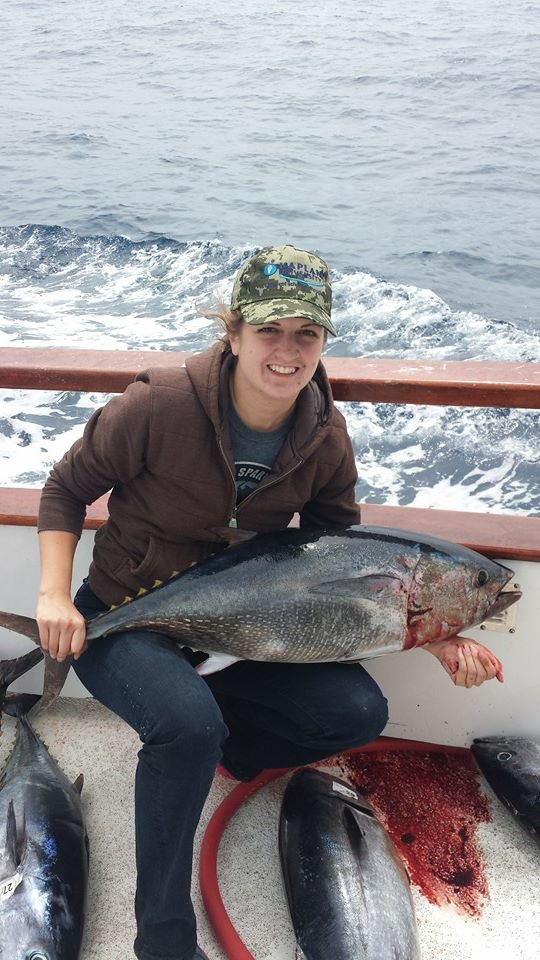 On my first overnight fishing trip with H&M Landing for my 28th birthday I caught my very first bluefin tuna!  I've fished 1/2 day trips and love catching rockfish, but had no idea what I was in for with tuna fishing!  I caught this beast with a live bait and fought for 45 minutes until I could finally yell "color!" and be relieved to rest my aching arms.  I was sore for a week but ate like a queen for months!  