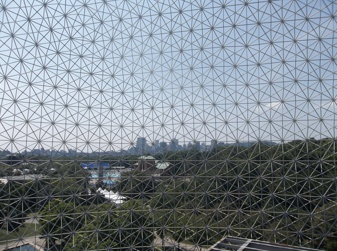 Downtown Montreal as viewed from the deck of the Biosphere, the geodesic dome designed by Buckminster Fuller for the 1967 World Fair Expo