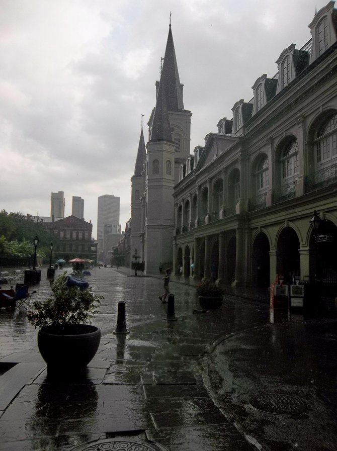 A summer afternoon shower, St. Louis Cathedral, New Orleans