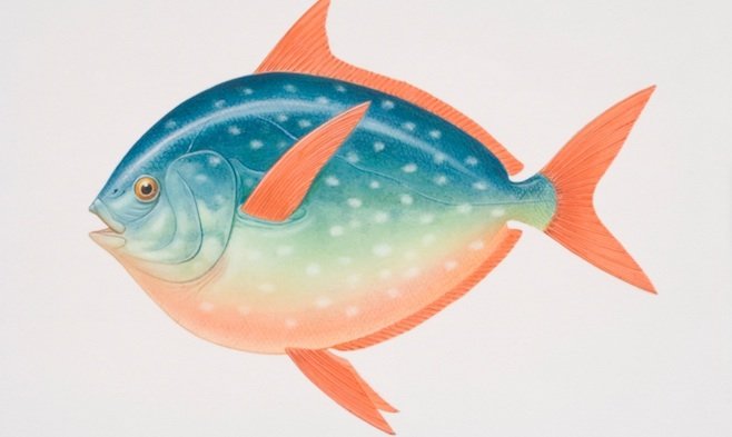 Illustrated side view of an Opah (Lampris guttatus), with large eyes, an oval silvery blue body and deep red fins - also known as the moonfish.