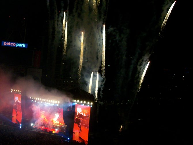 Pyrotechnics explode at Petco Park during Paul McCartney's show.