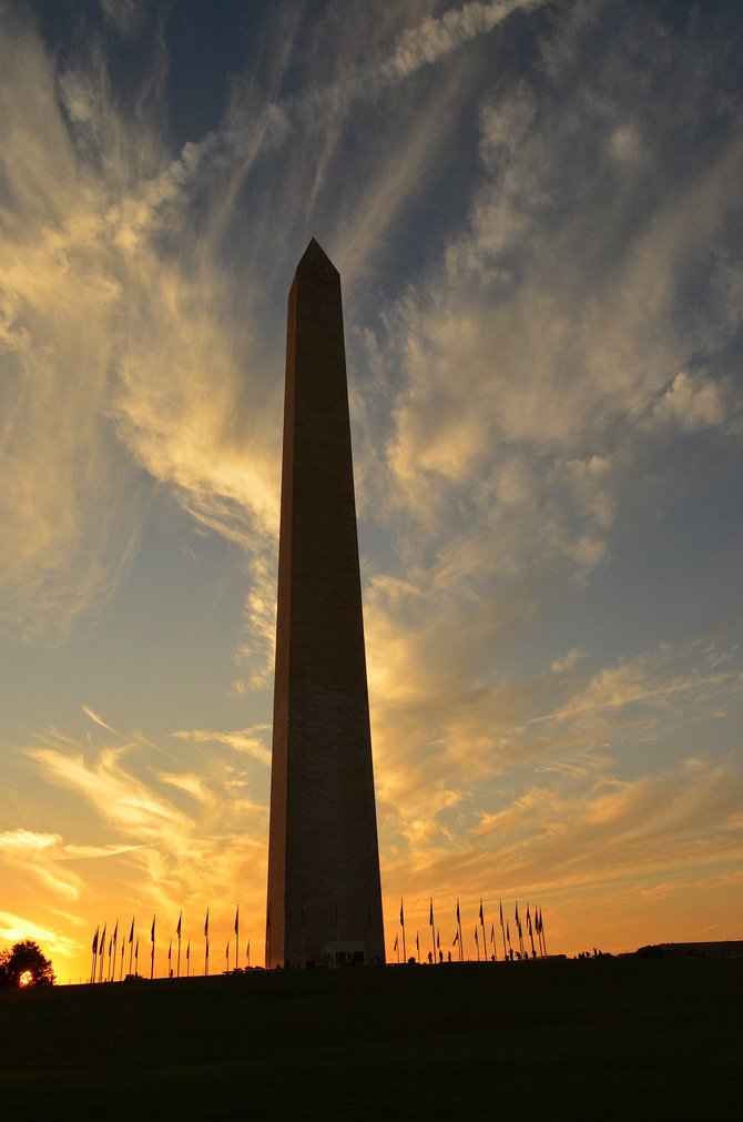Washington Monument at sunset.  The National Mall.  Washington DC.  Late September 2014.  