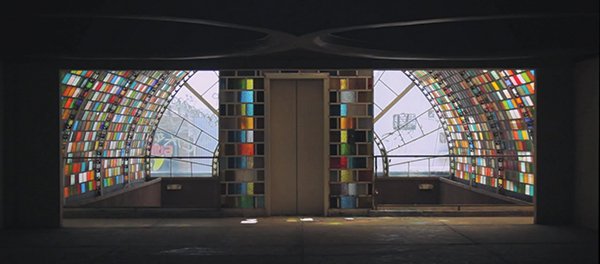 The stained-glass archway of the Mexicoach bus station was built in 1983.