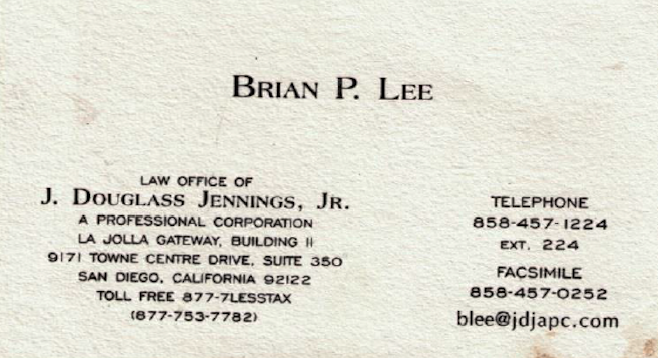 Despite having his name on the card, Brian Lee hasn't spoken to Douglass Jennings for at least ten years.