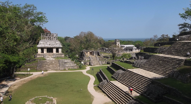 Panorama of the jungle surrounding Palenque, Temple of the Cross in the foreground. 