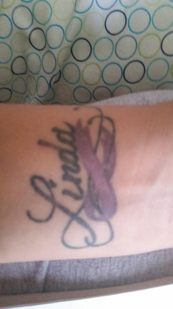 This is a tat of my cousins name who passed away 20 years ago due to domestic violence. Linda and a purple ribbon. I got this in remembrance of her and to raise awareness of Domestic Violence which the purple ribbon represents. It's located on my left wrist. Many times women are afraid of telling. I say let your voice be heard you are not alone. I live in chula vista  I'm 36 years old.