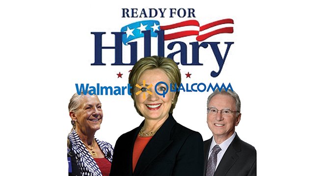 Hillary Clinton raked in $25,000 from Walmart heiress Alice Walton (left) and $50,000 from Irwin Jacobs (right) and his wife.