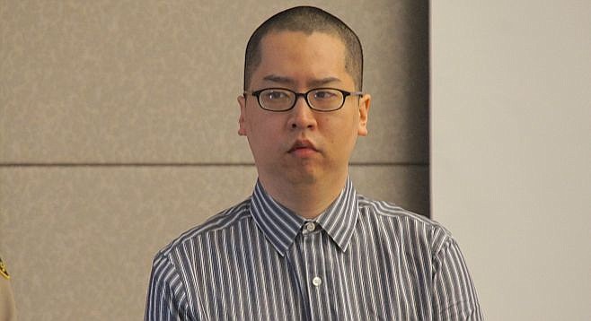 Bryan Chang stood for the jury to leave the room, October 27, 2014. Photo by Eva