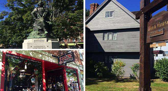 Clockwise from left: Nathaniel Hawthorne statue; the historic Witch House, which dates to the 17th-century witch trials; HEX witchcraft store.