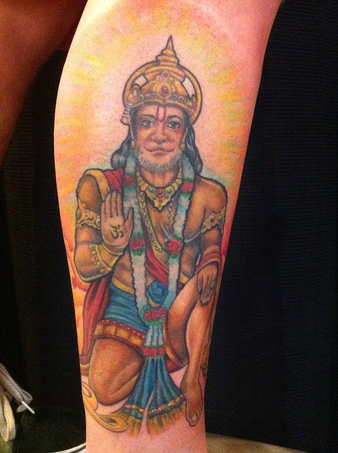 Hanuman tattoo done by Karin Ackerman at Chronic Tattoo in Pacific Beach. This tattoo stand for strength, perseverance, and devotion. I'd never associate myself with one religion, but Hinduism is the religion I agree with most. Gabe Madrid, 19. 