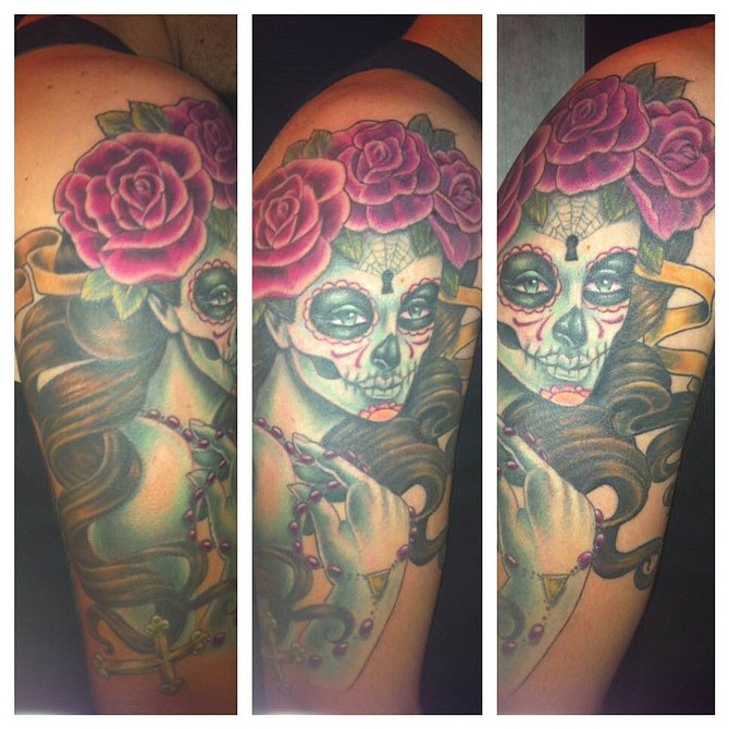 Day of the dead (Katrina) tattoo done by Karin Ackerman at Chronic Tattoo Pacific Beach. Gabe Madrid, 19. 