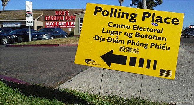 Polling location sign just outside of Phil's BBQ, off West Point Loma Boulevard.