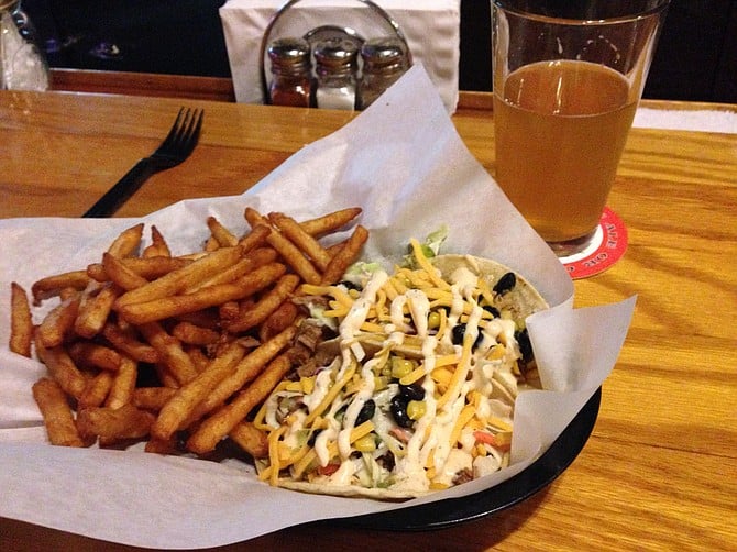 Brisket taco, pulled pork taco, beer battered fries and a pint of Nelson. alpine Beer Company.