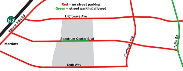Over 1000 residential units (shaded area) fronting Spectrum Center Blvd have street parking for only 68 spaces. Evenings and weekends, many guests and residents have to park up to one mile away on Ruffin Road.