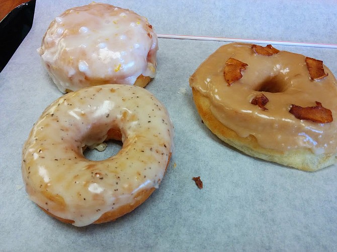 Maple bacon, Early Grey, raspberry filled (clockwise from right)