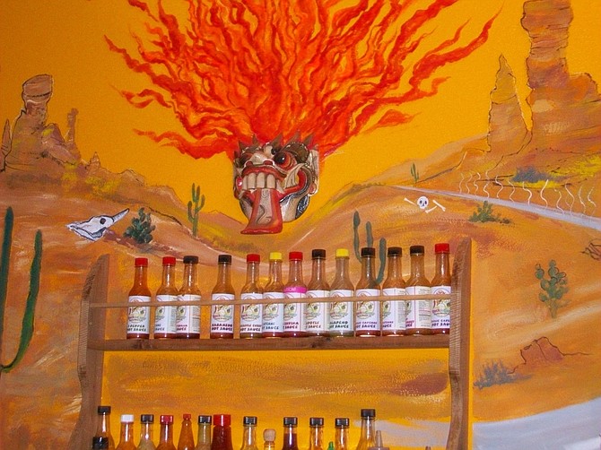 "Wall of Fire" at Rock the Guac restaurant in Cocoa Beach, Florida.