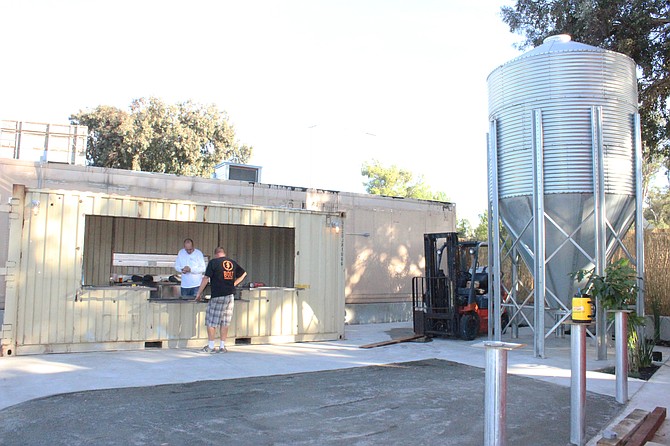 The tasting bar in the lower portion of the beer garden at Bolt Brewery